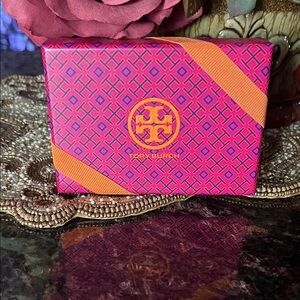 Tory Burch Pink, Orange and Gold Patterned Box with Elastic Band Detail